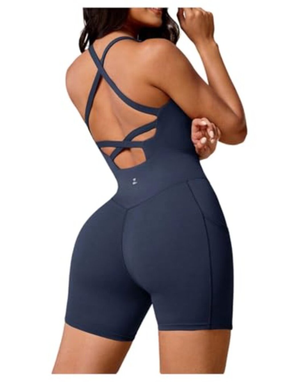 Women's Athletic Workout Romper Crisscross Backless Shorts Jumpsuit with Pocket